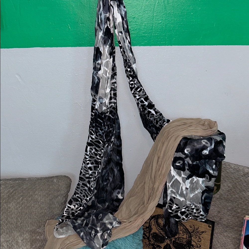 Stylish Black Patterned Scarf paired with a Beige scarf